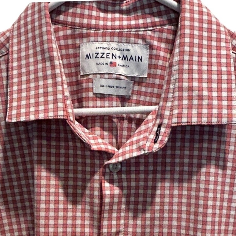 Mizzen + Main Shirt XXL Mens Red Gingham Trim Fit Leeward Collection Long Sleeve
